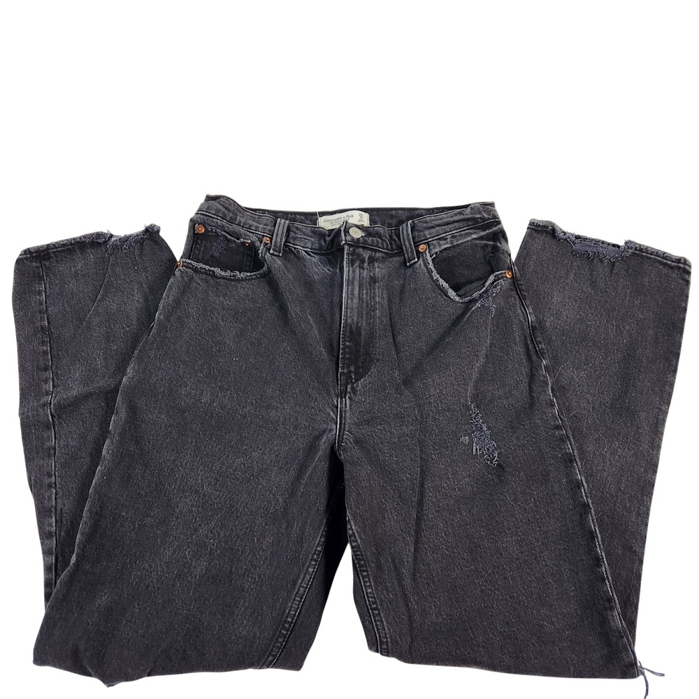 Abercrombie Fitch 90s Straight Ultra High Rise Black Denim Jeans Distressed 29